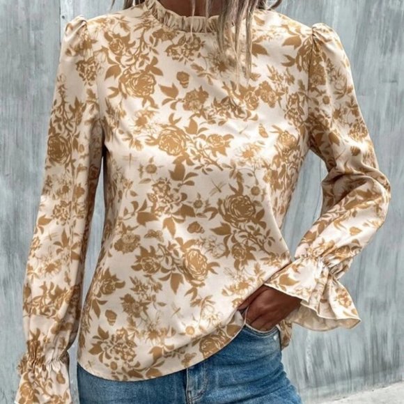 Boho floral long flounced sleeved Blouse top tan - Picture 2 of 6